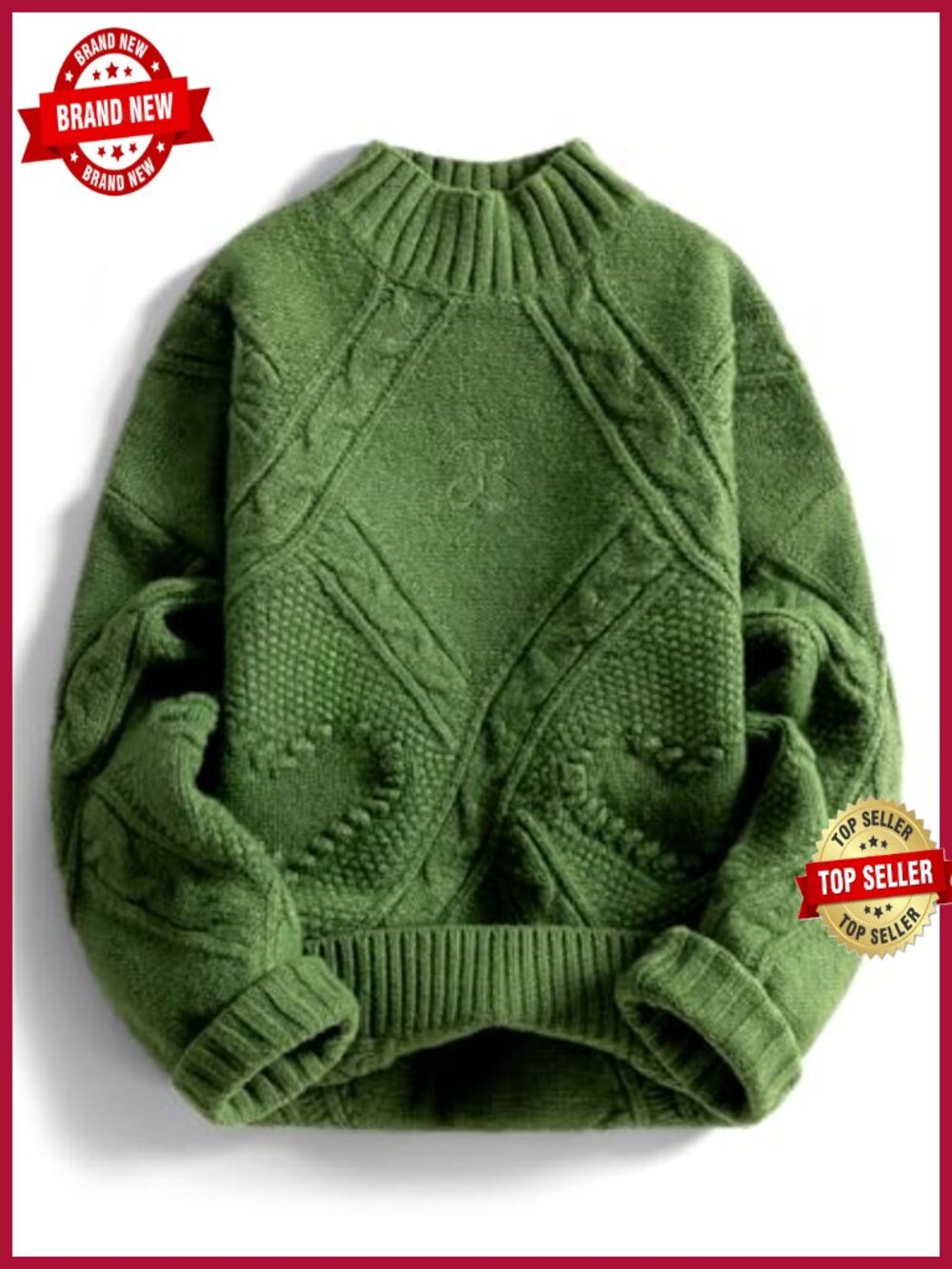 Oversized Cable Knit Chunky Sweater Mock Neck Heart Pullover